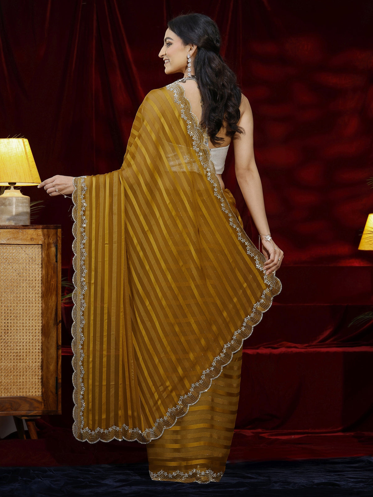 Libas Mustard Striped Net Saree