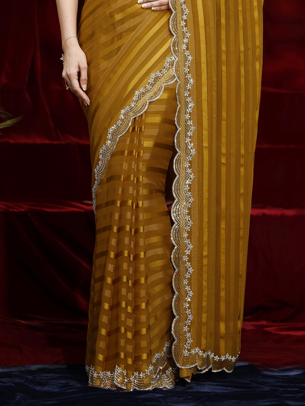 Libas Mustard Striped Net Saree