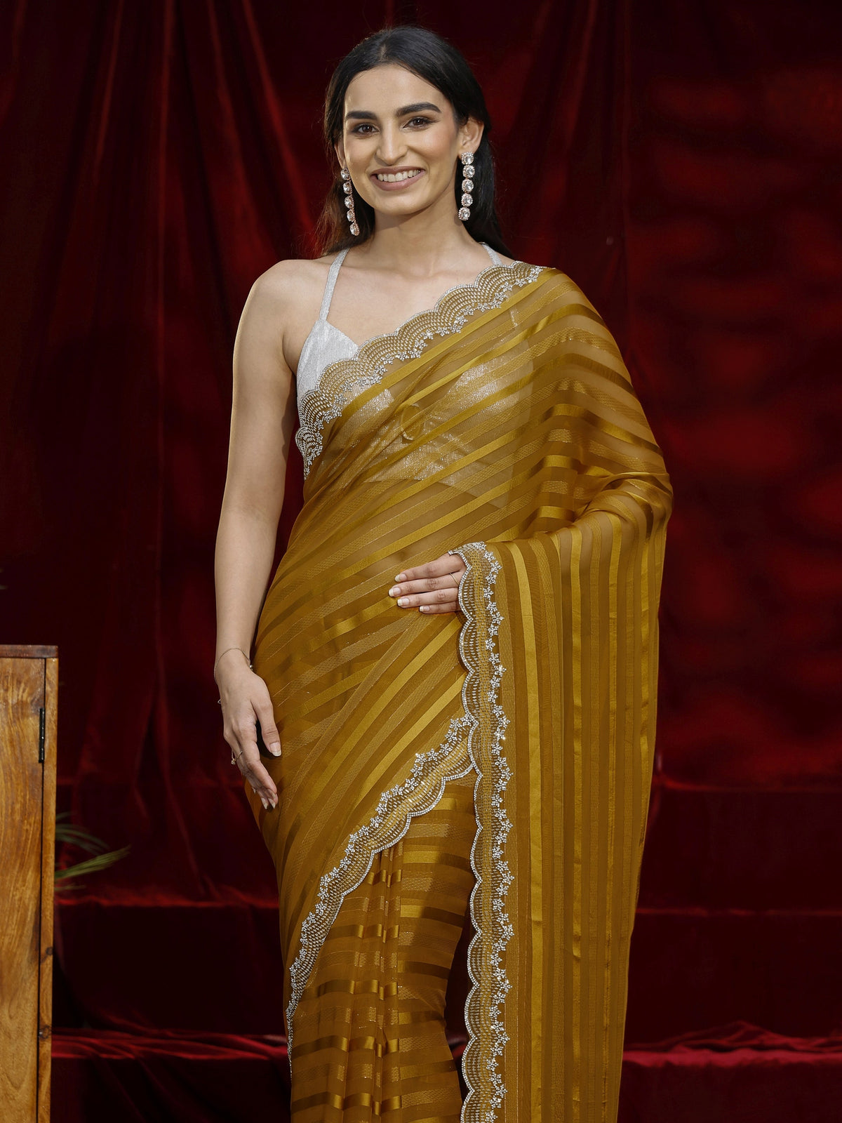 Libas Mustard Striped Net Saree