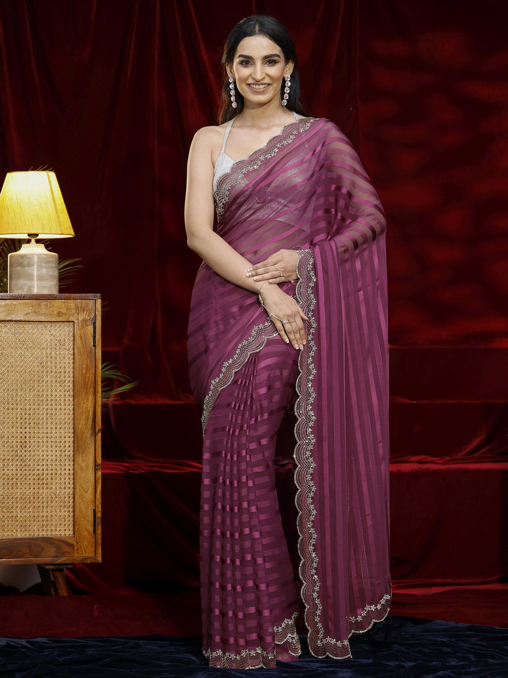 Libas Burgundy Striped Net Saree