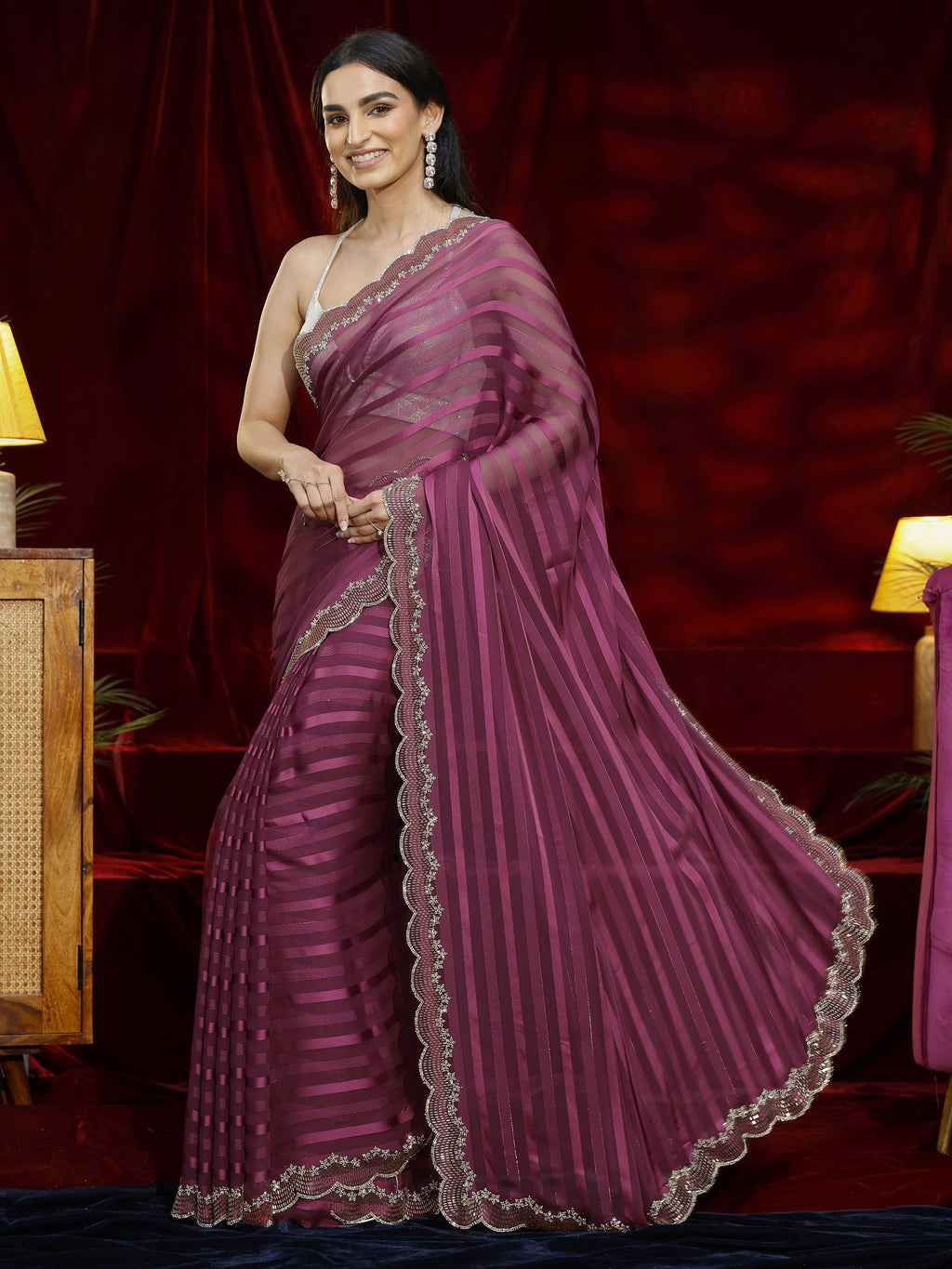 Libas Burgundy Striped Net Saree