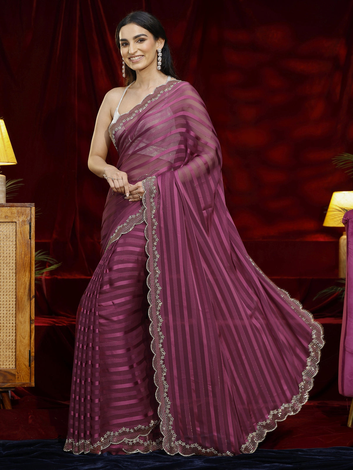 Libas Burgundy Striped Net Saree