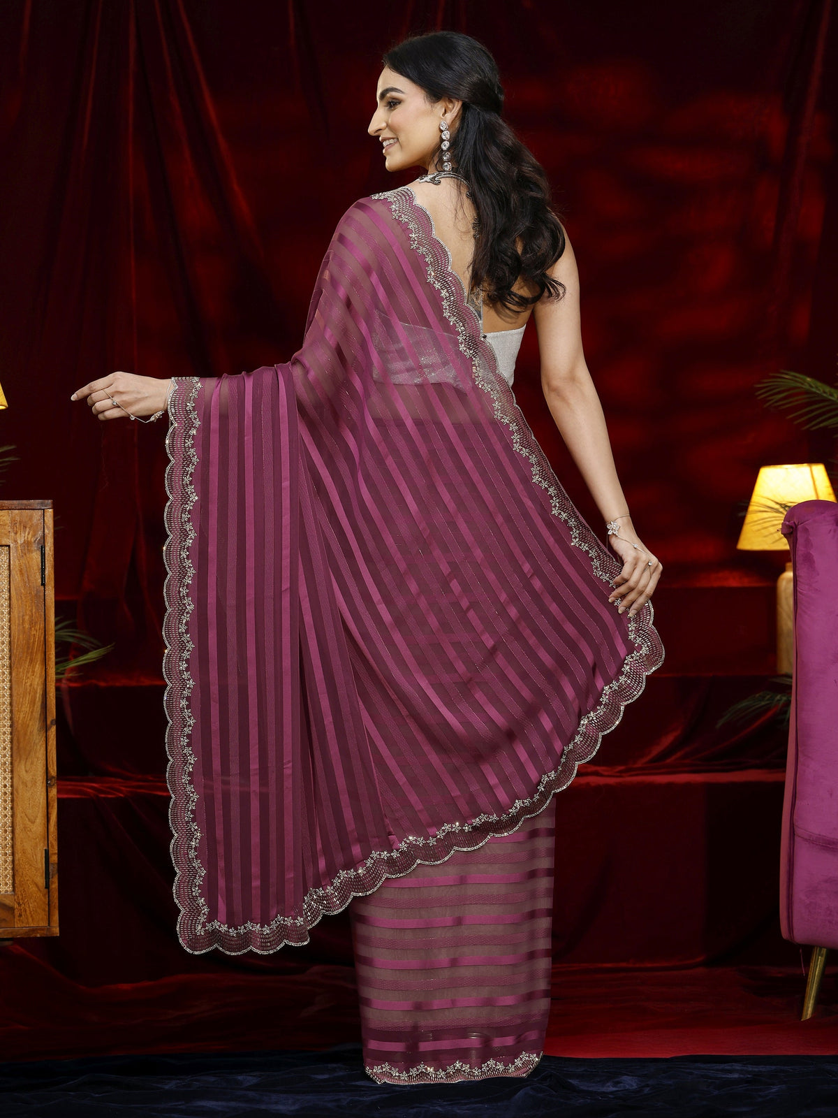 Libas Burgundy Striped Net Saree