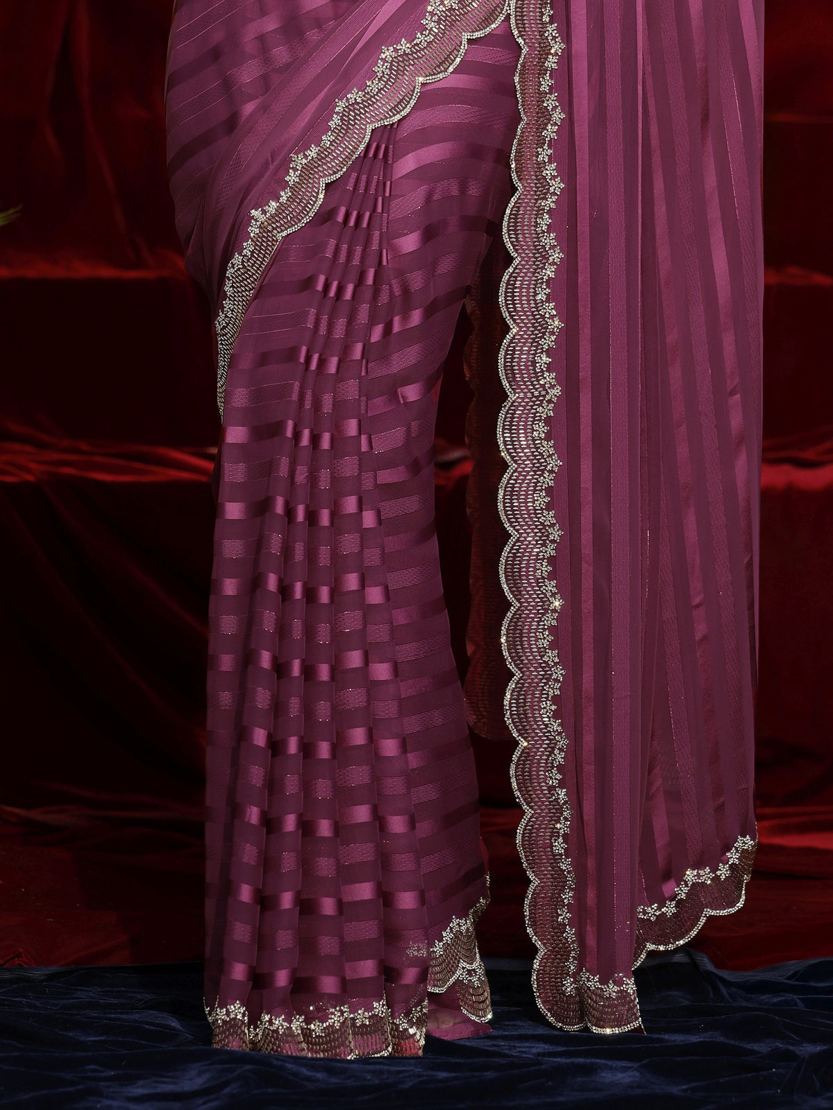 Libas Burgundy Striped Net Saree