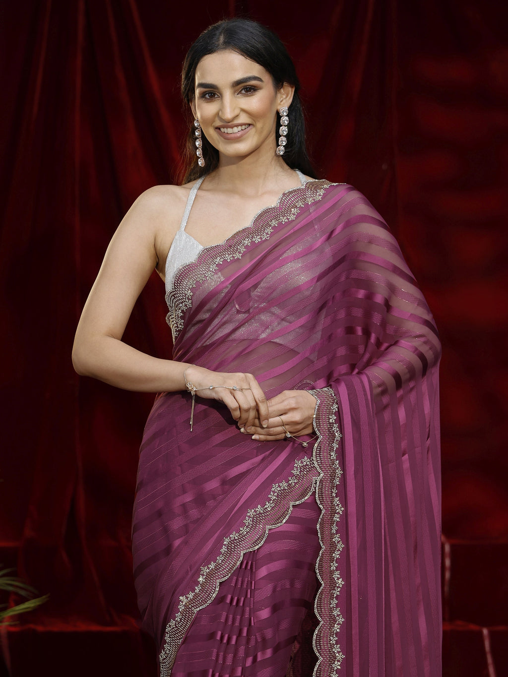 Libas Burgundy Striped Net Saree
