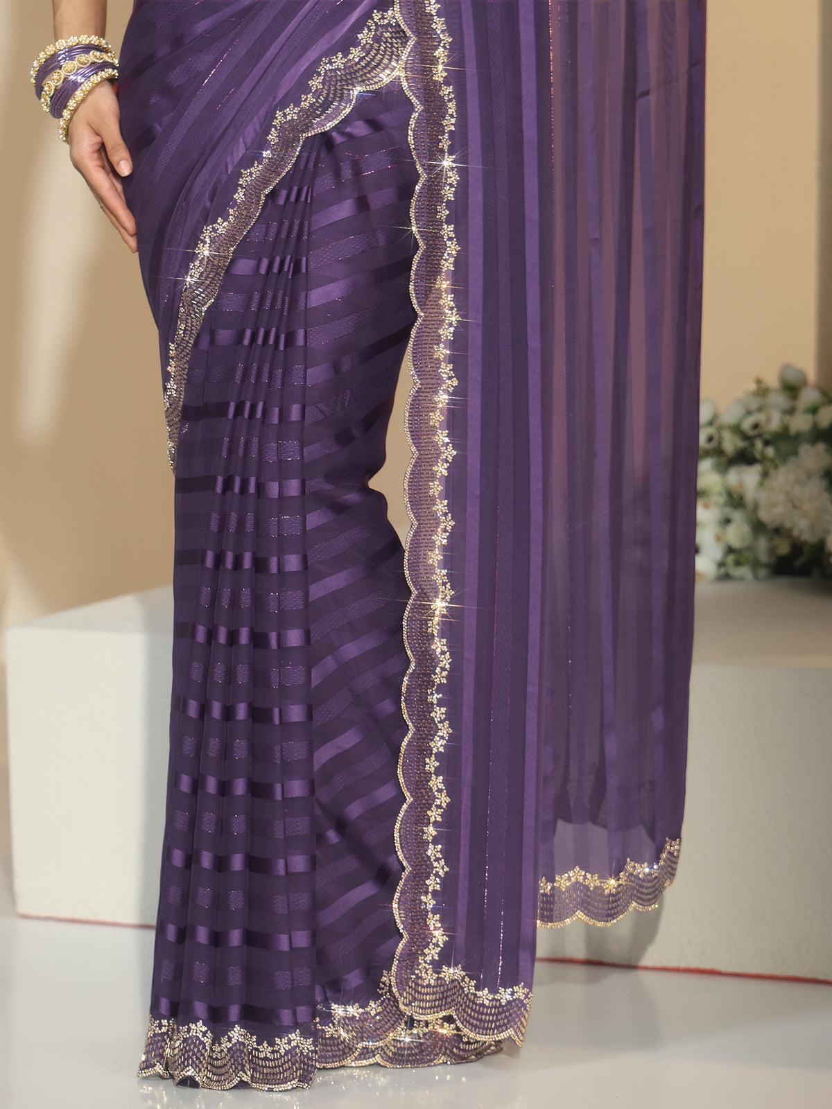 Libas Purple Striped Embellished Net Saree