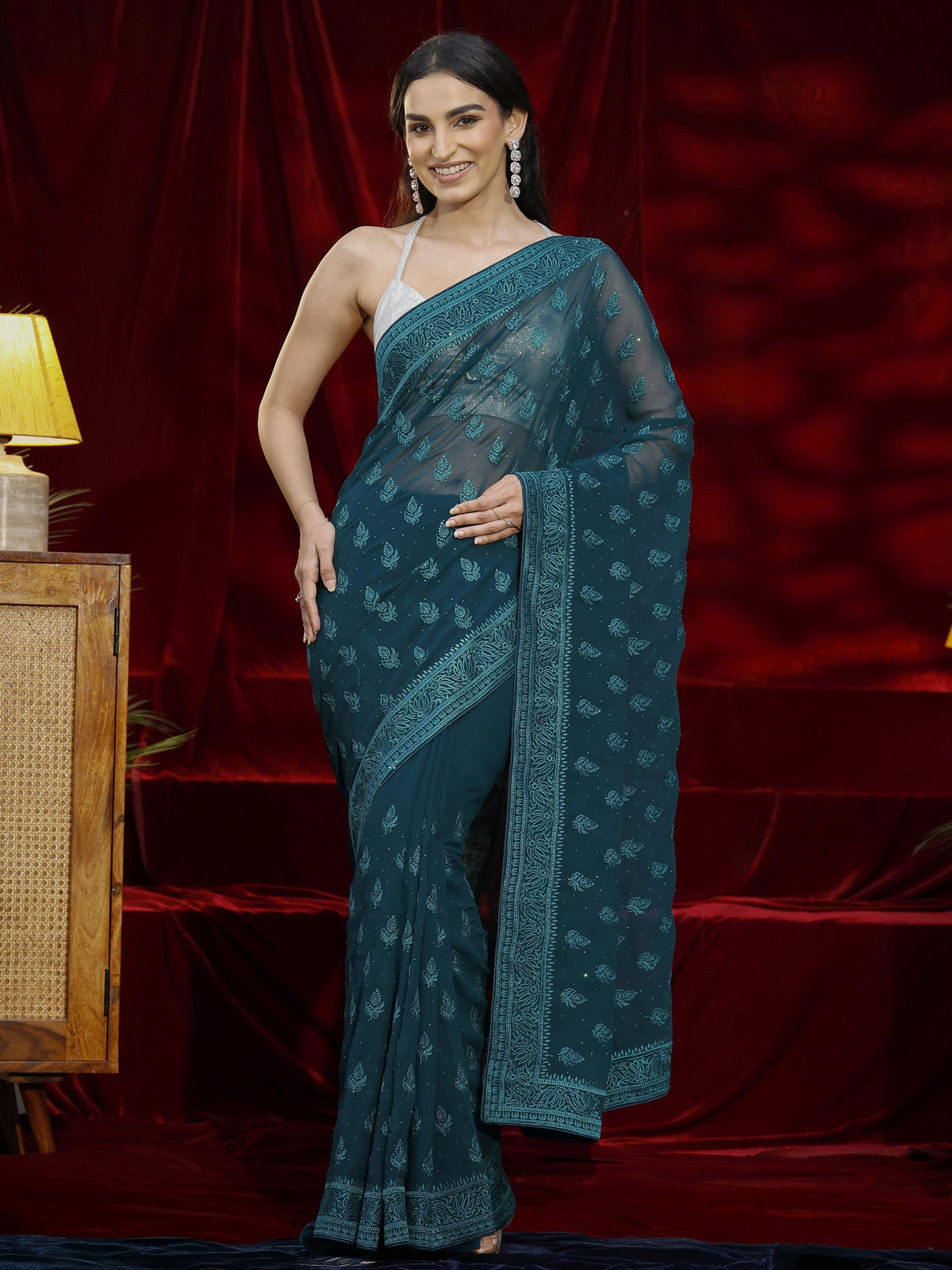Libas Blue Floral Embroidered Georgette Saree