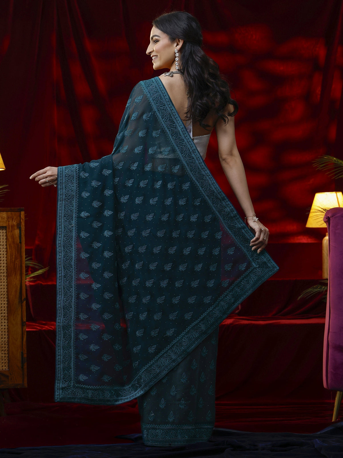 Libas Blue Floral Embroidered Georgette Saree