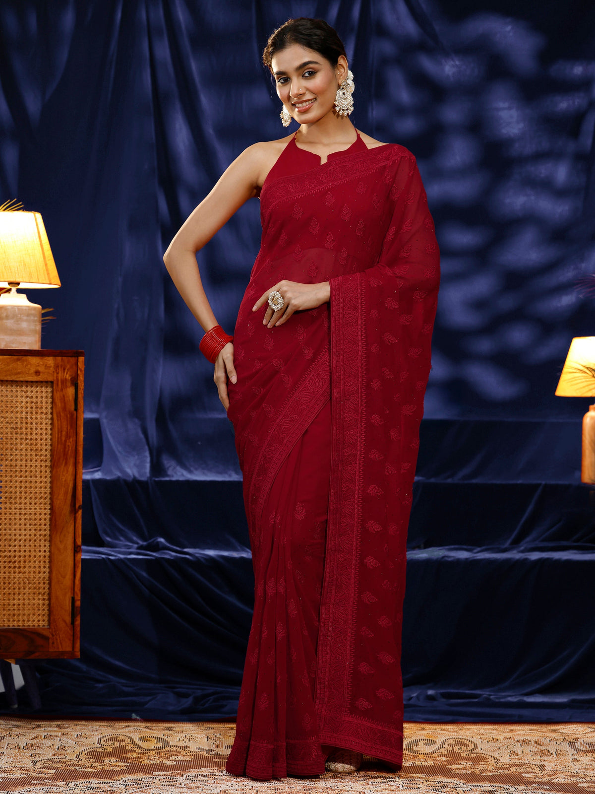 Libas Red Floral Embroidered Georgette Saree