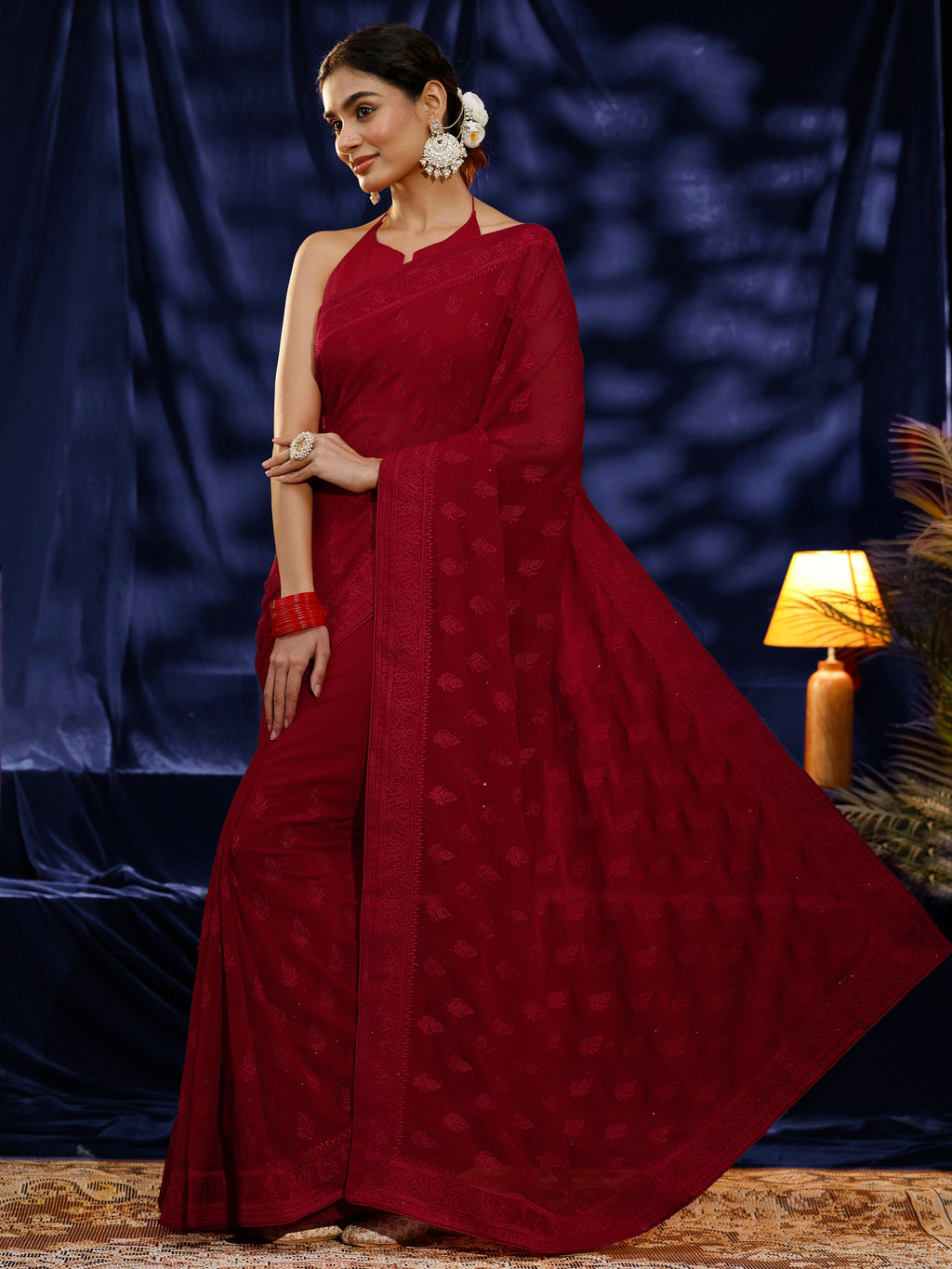 Libas Red Floral Embroidered Georgette Saree