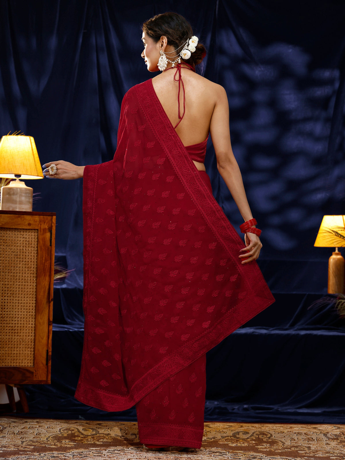 Libas Red Floral Embroidered Georgette Saree