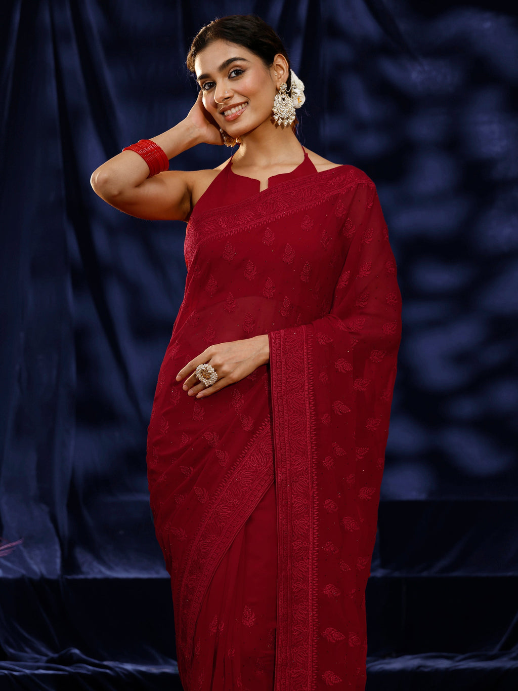 Libas Red Floral Embroidered Georgette Saree
