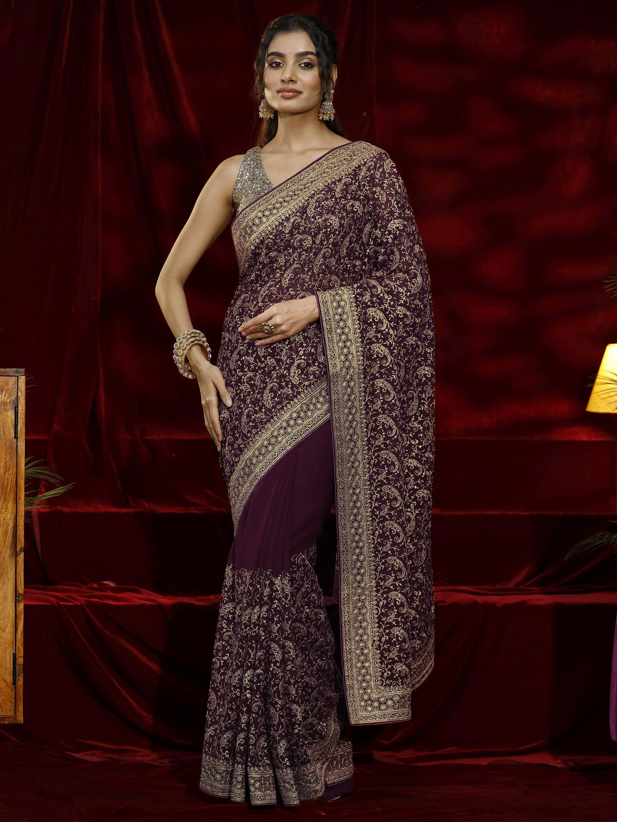 Libas Burgundy Embroidered Georgette Saree