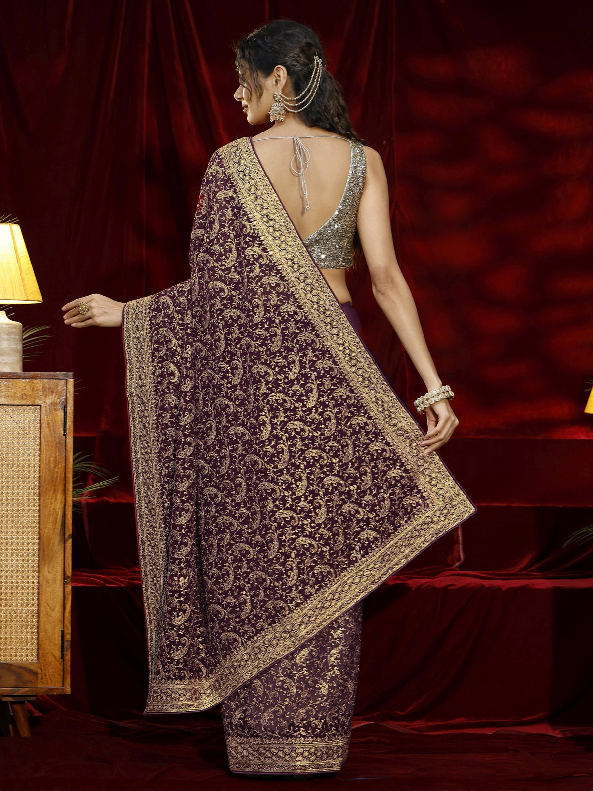 Libas Burgundy Embroidered Georgette Saree