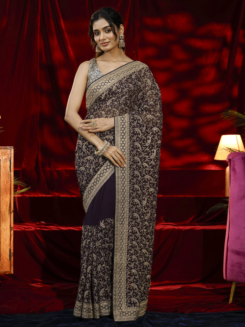 Libas Purple Embroidered Georgette Saree
