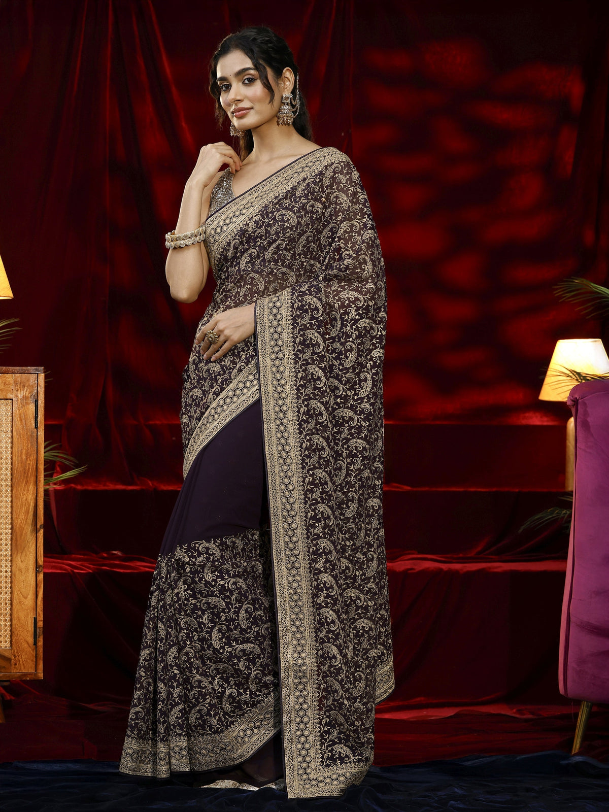 Libas Purple Embroidered Georgette Saree