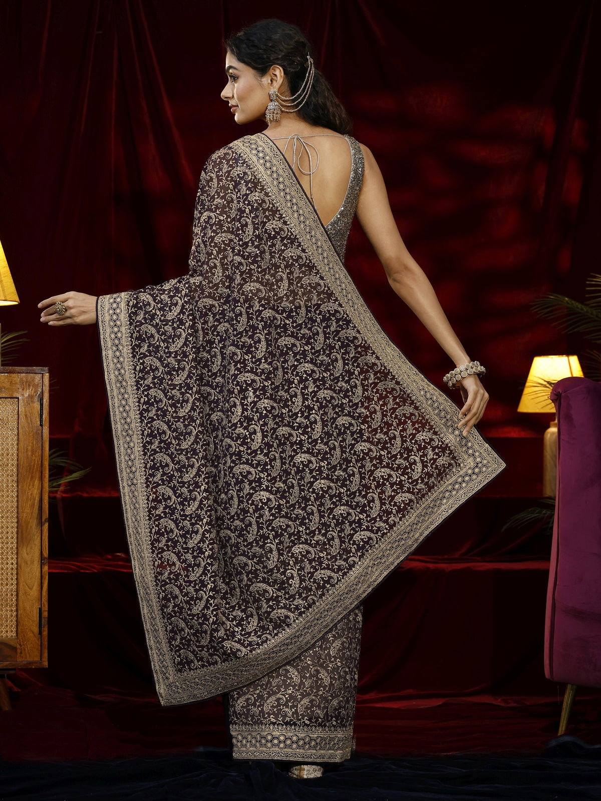 Libas Purple Embroidered Georgette Saree