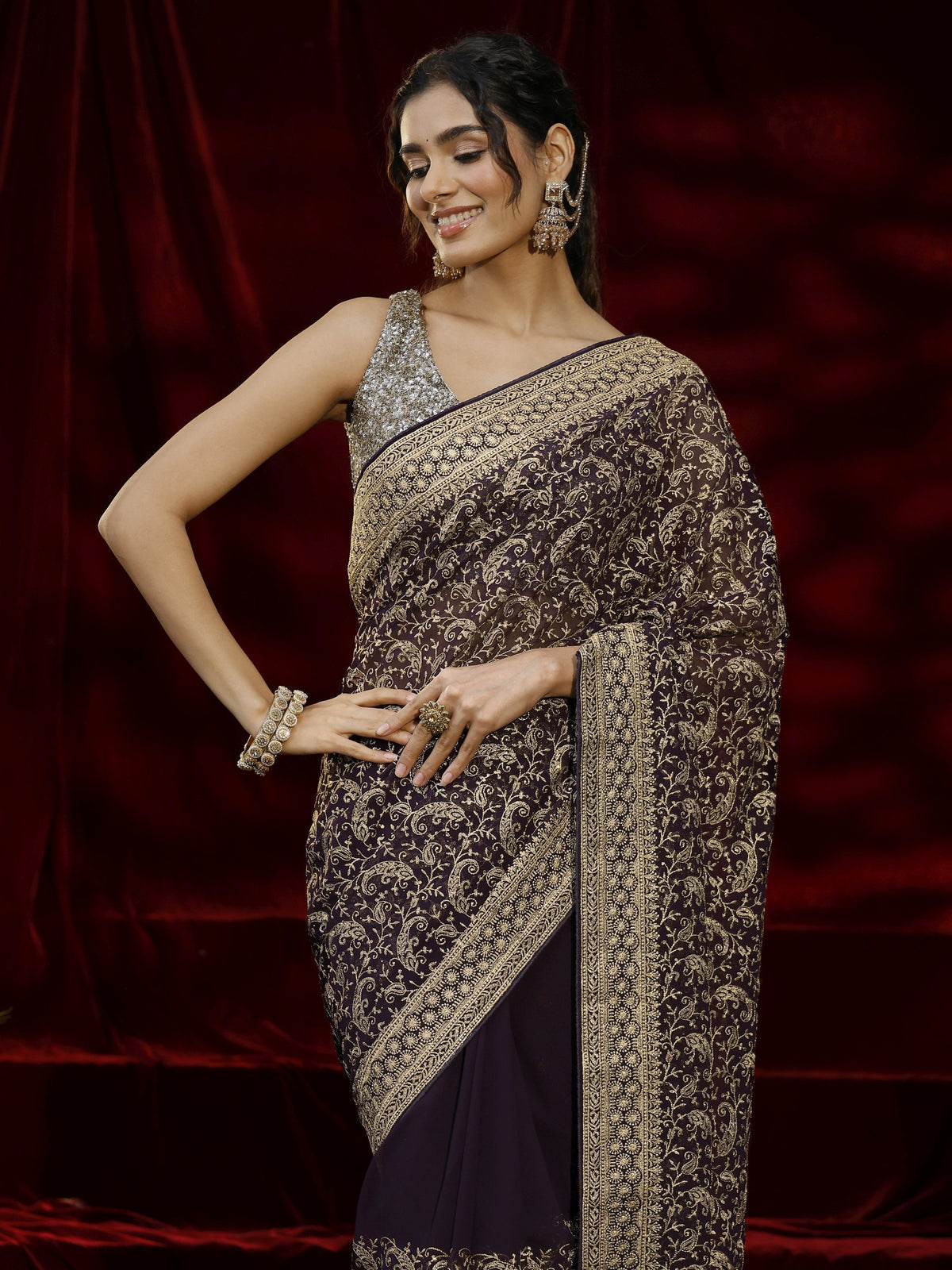 Libas Purple Embroidered Georgette Saree