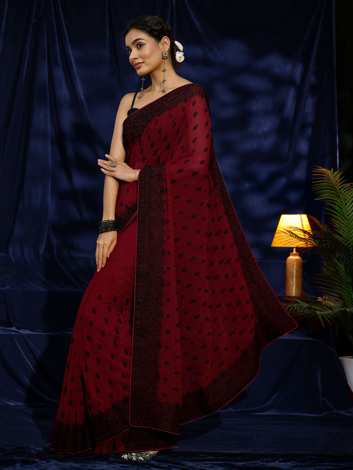 Libas Red Floral Embroidered Georgette Saree
