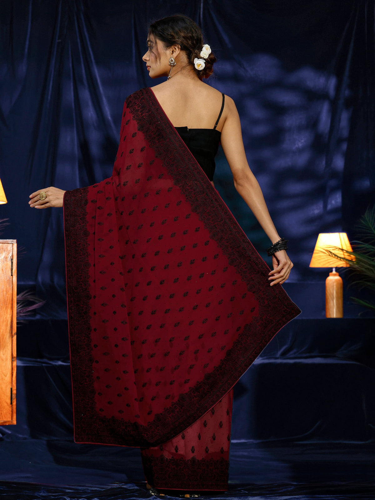 Libas Red Floral Embroidered Georgette Saree