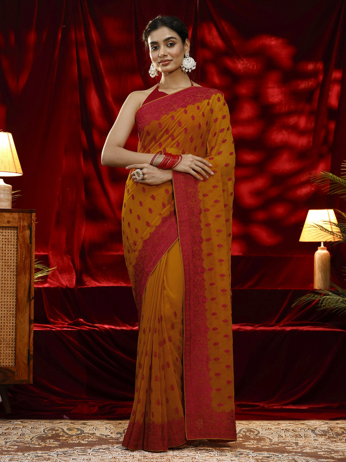 Libas Mustard Floral Embroidered Georgette Saree
