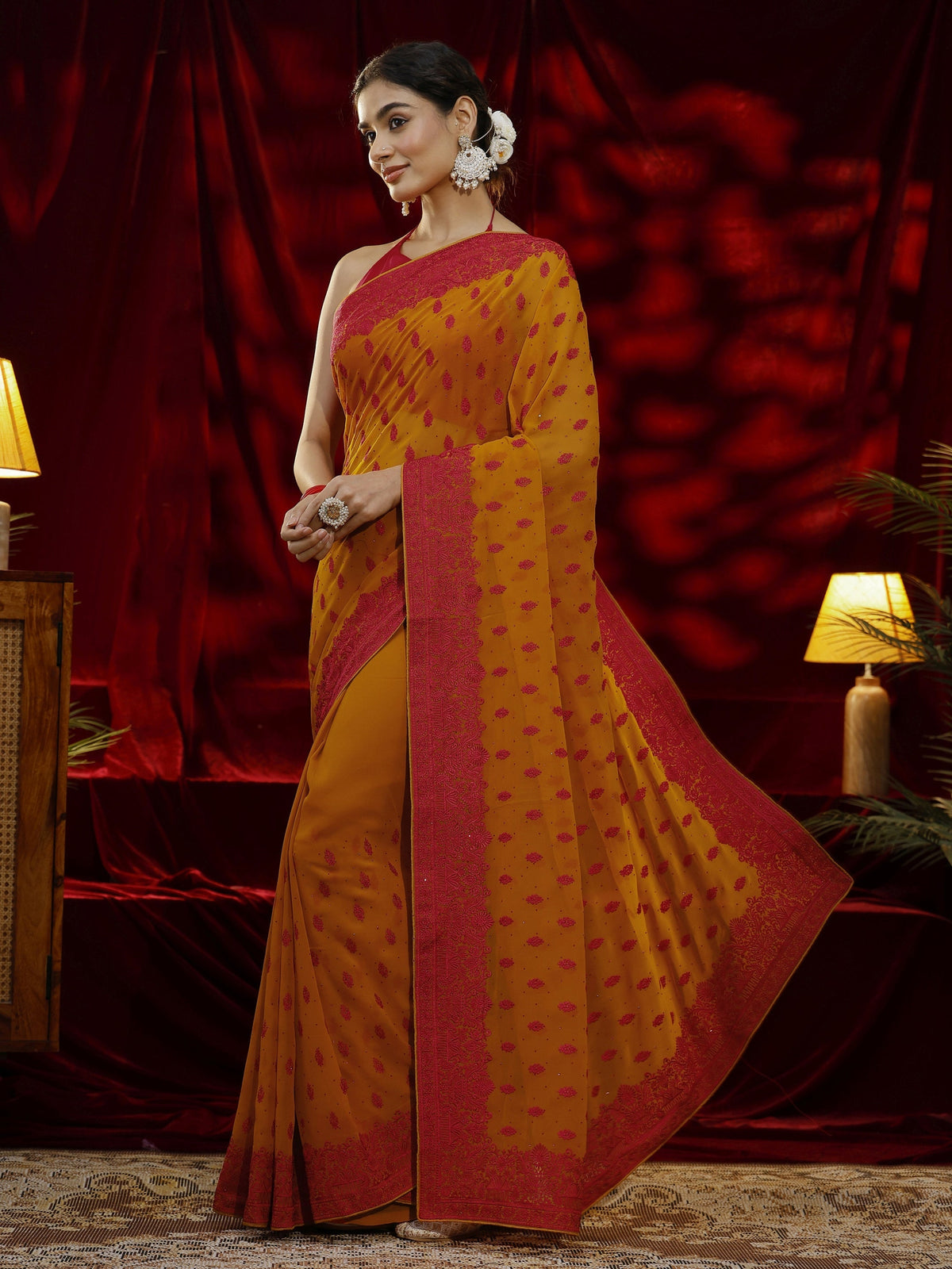 Libas Mustard Floral Embroidered Georgette Saree