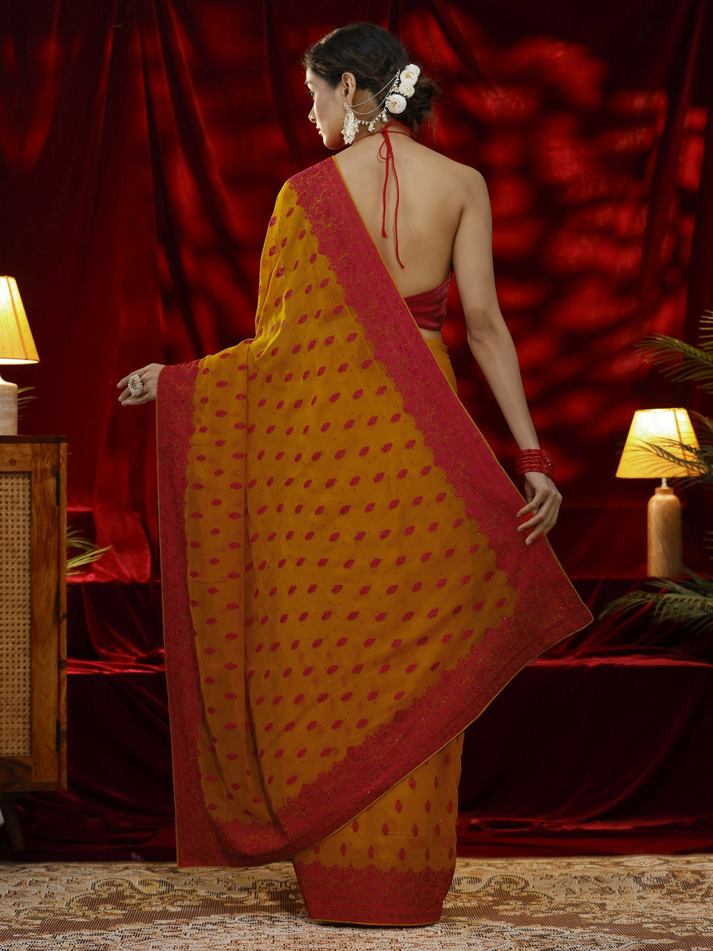 Libas Mustard Floral Embroidered Georgette Saree