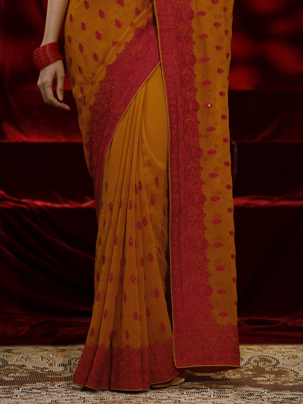 Libas Mustard Floral Embroidered Georgette Saree
