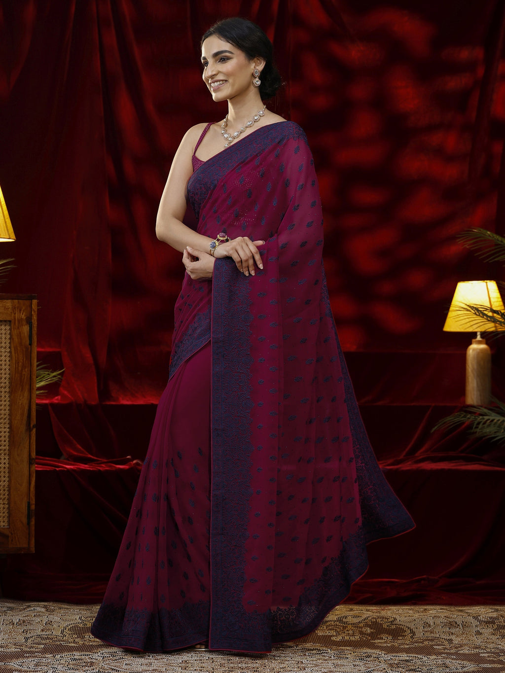 Libas Pink Floral Embroidered Georgette Saree