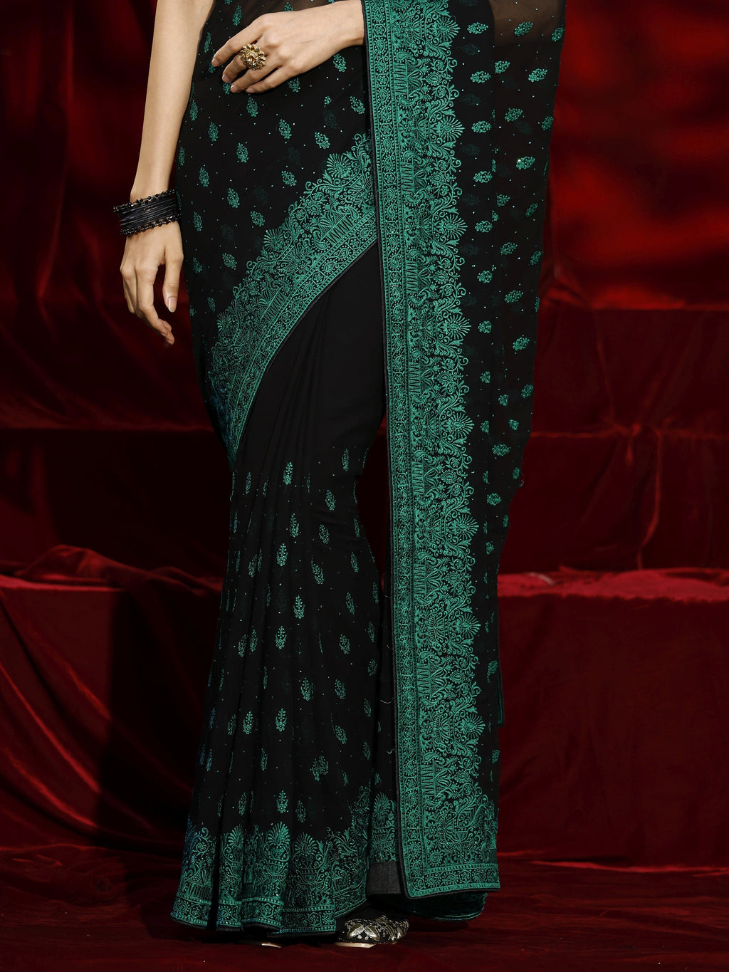 Libas Black Floral Embroidered Georgette Saree