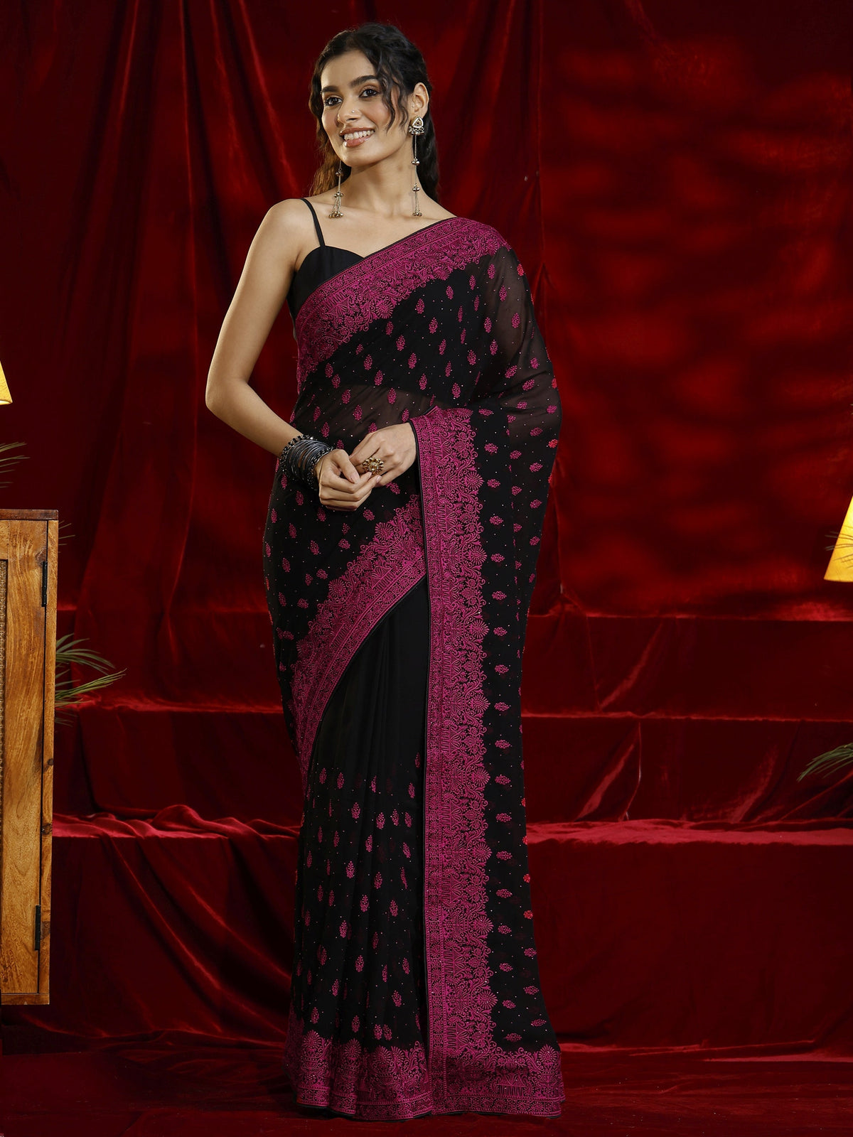 Libas Black Floral Embroidered Georgette Saree