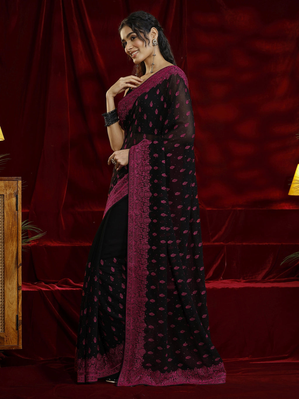 Libas Black Floral Embroidered Georgette Saree