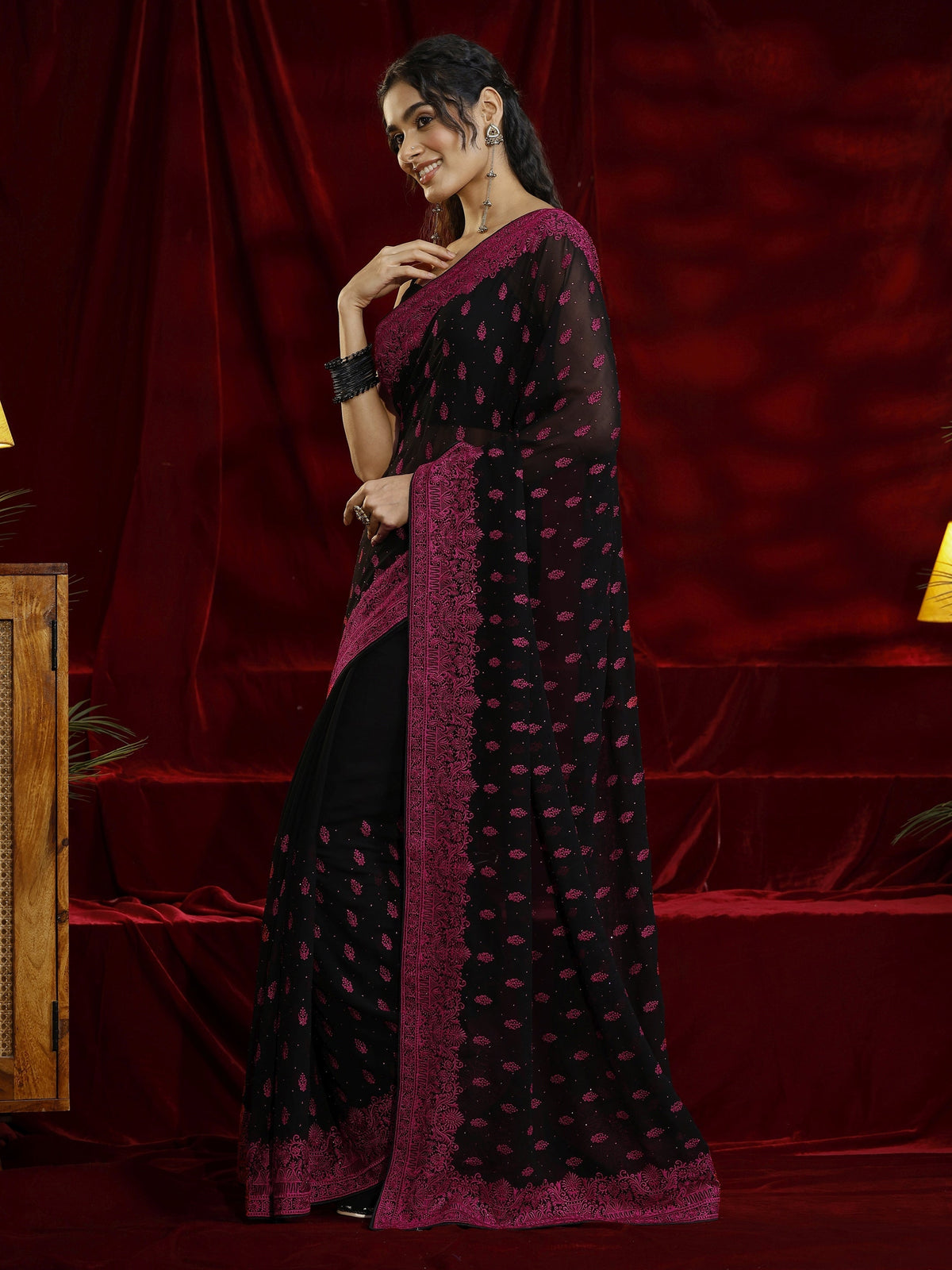 Libas Black Floral Embroidered Georgette Saree