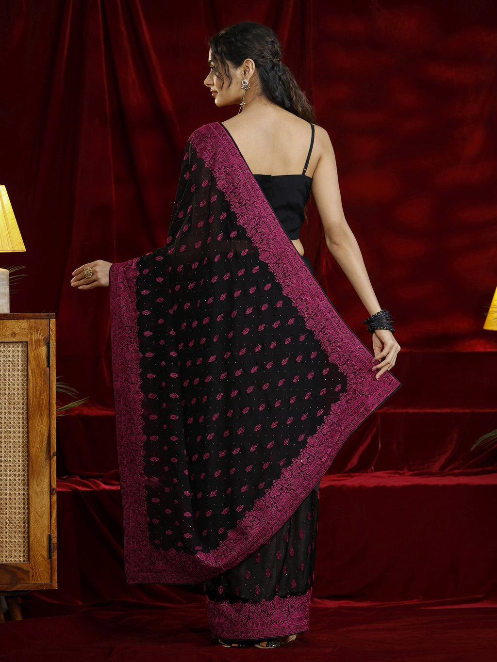 Libas Black Floral Embroidered Georgette Saree