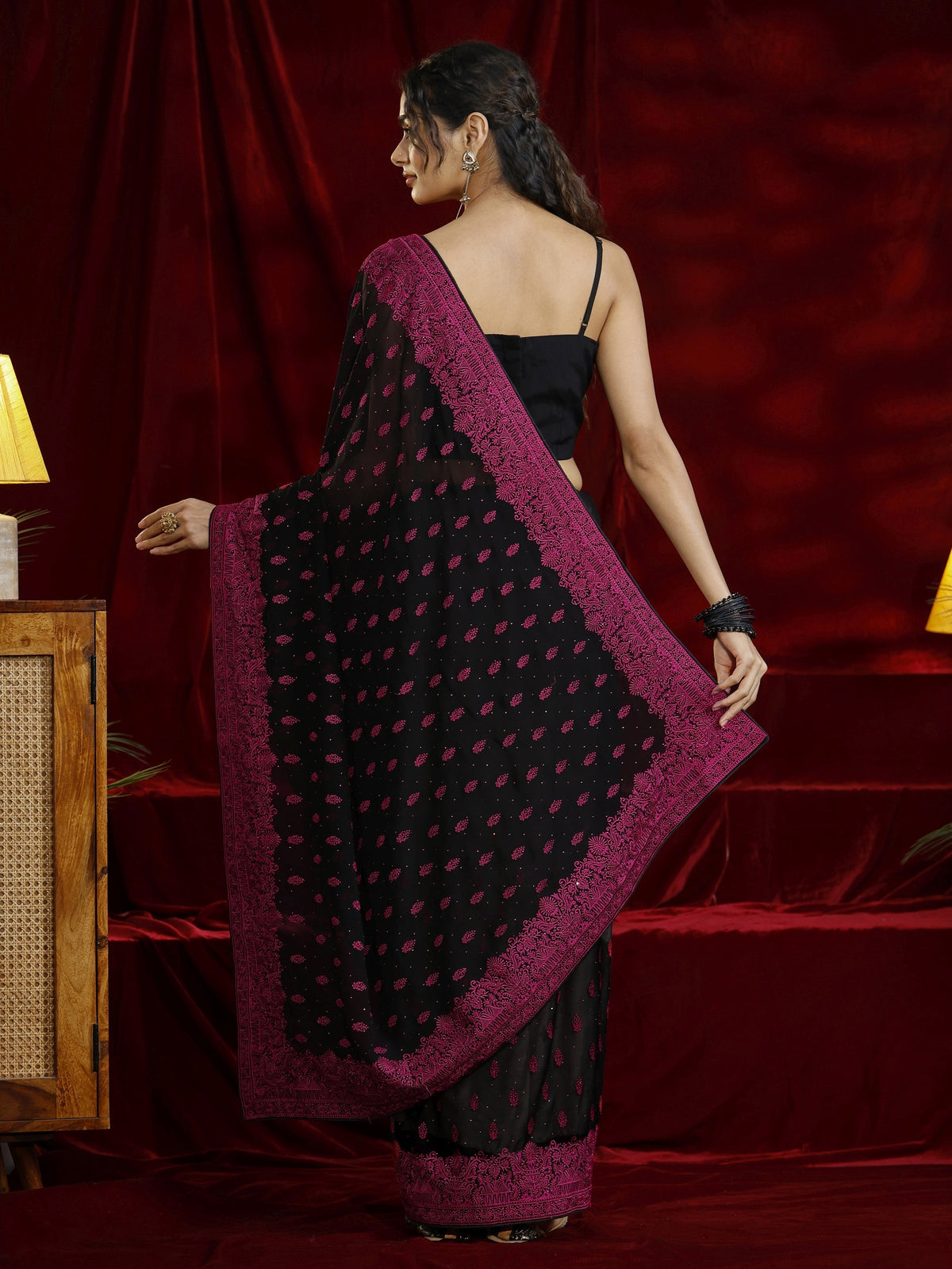 Libas Black Floral Embroidered Georgette Saree