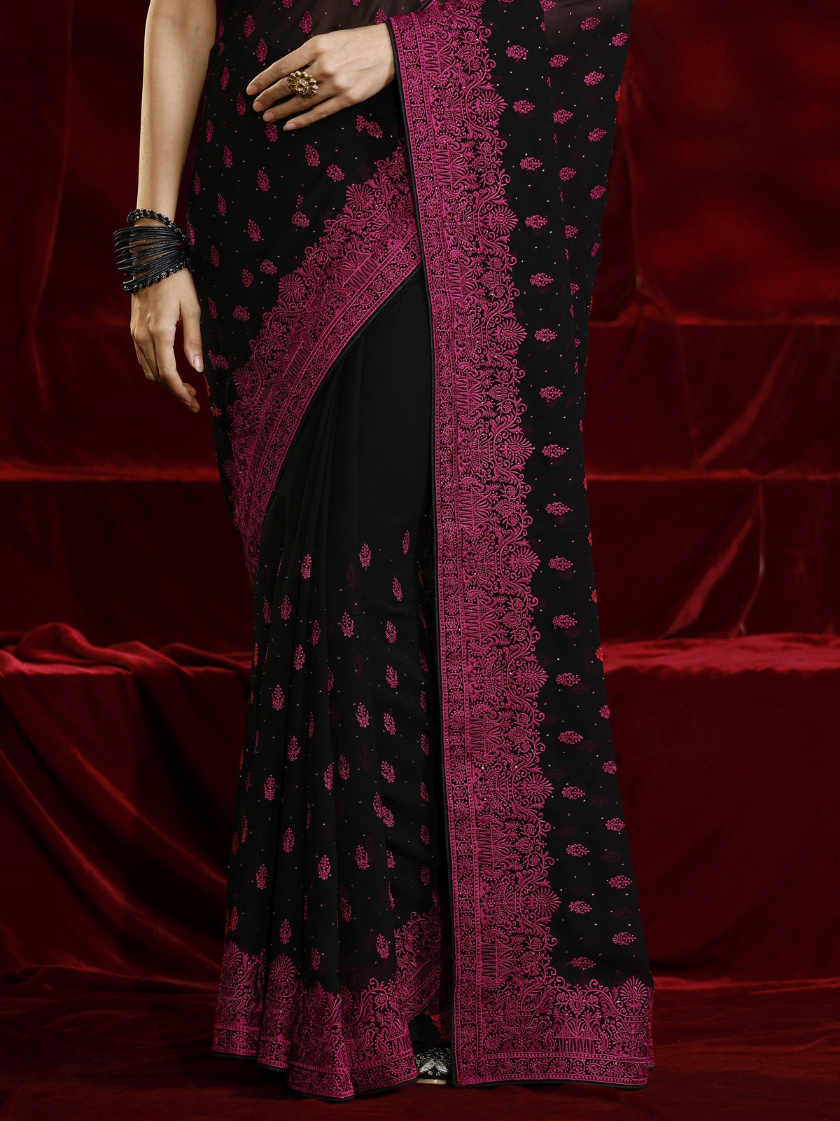 Libas Black Floral Embroidered Georgette Saree