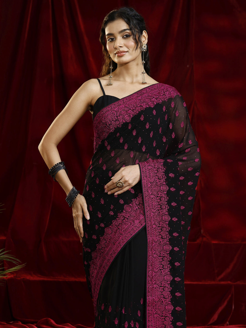 Libas Black Floral Embroidered Georgette Saree