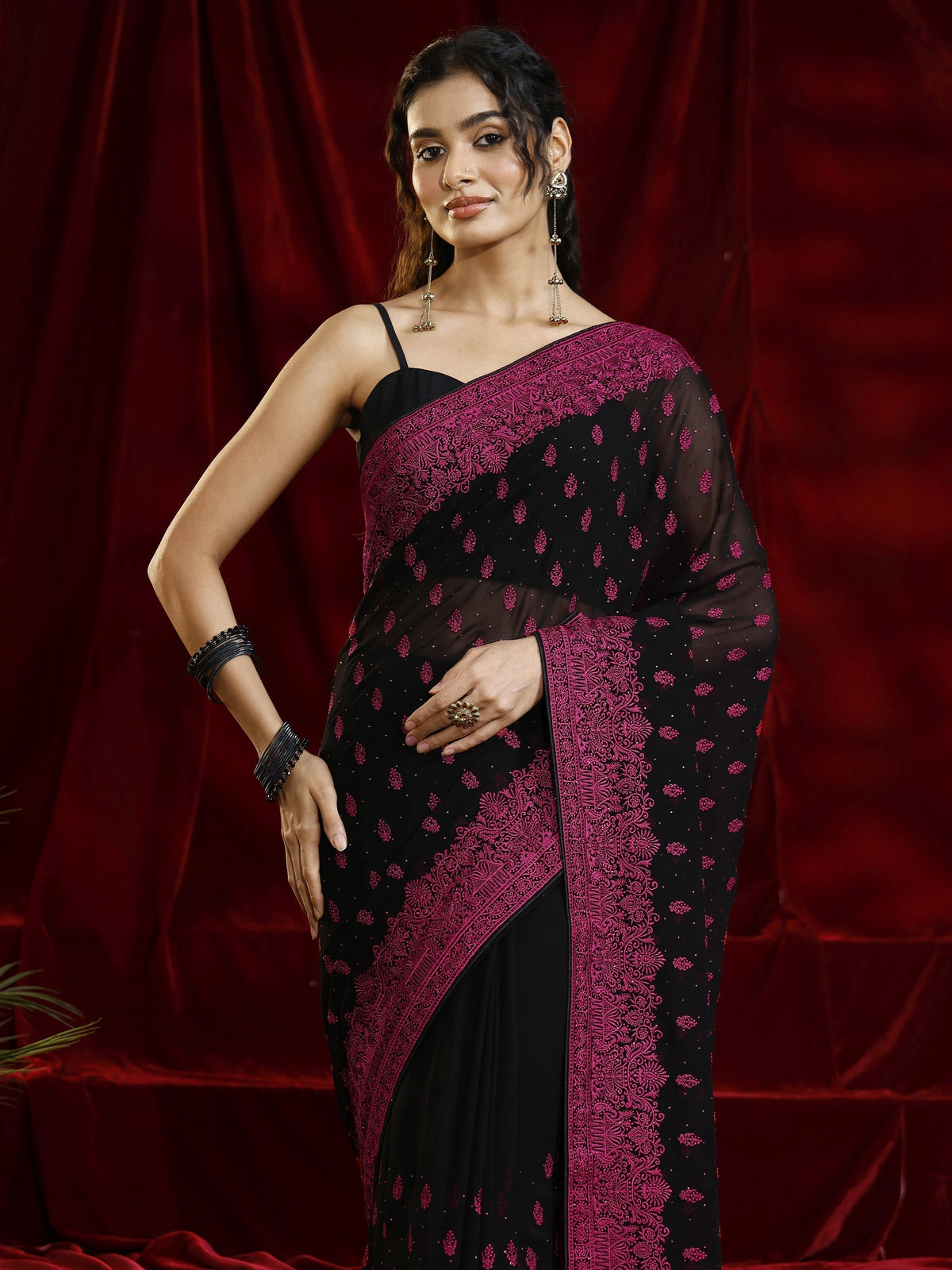 Libas Black Floral Embroidered Georgette Saree