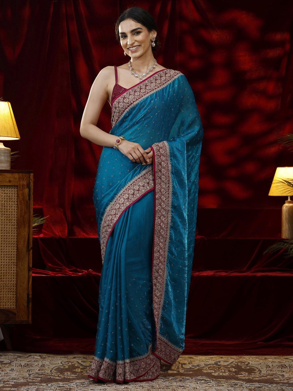 Libas Blue Embellished Tissue Saree