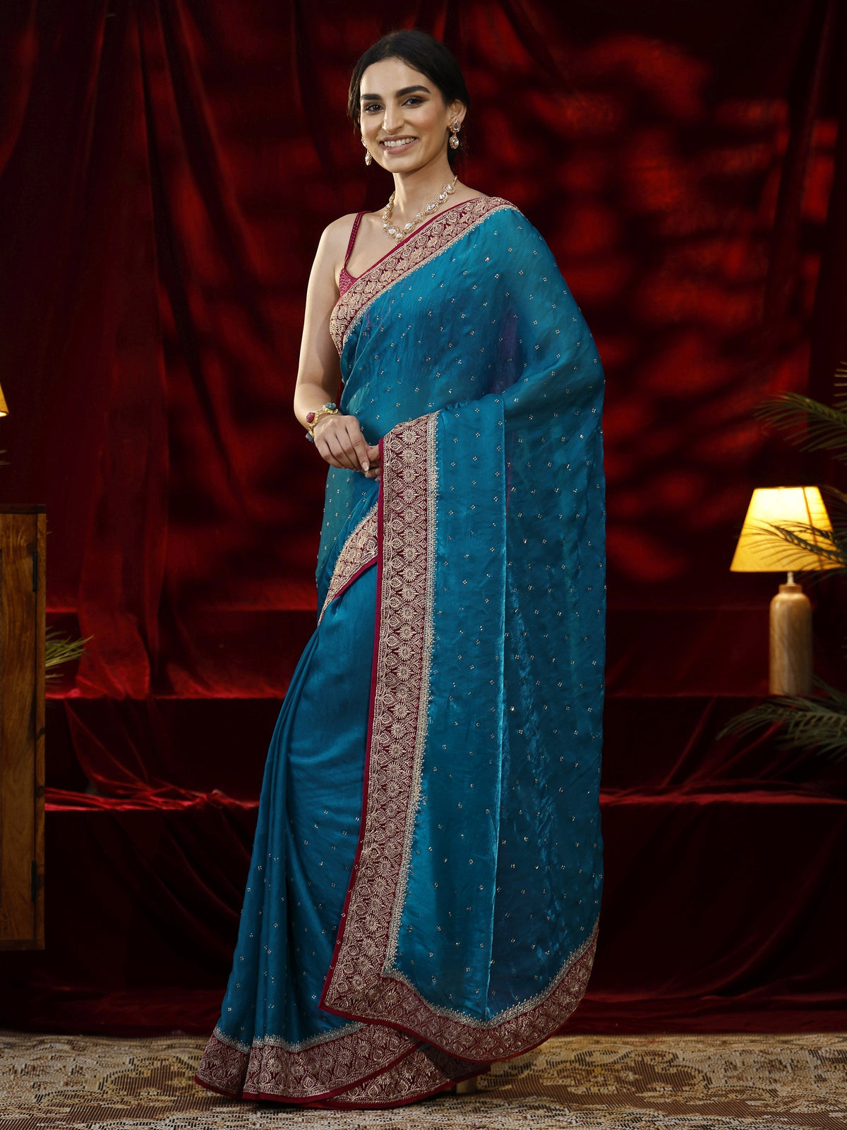 Libas Blue Embellished Tissue Saree
