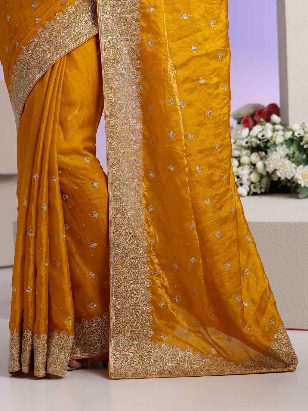 Libas Mustard Embroidered Tissue Saree
