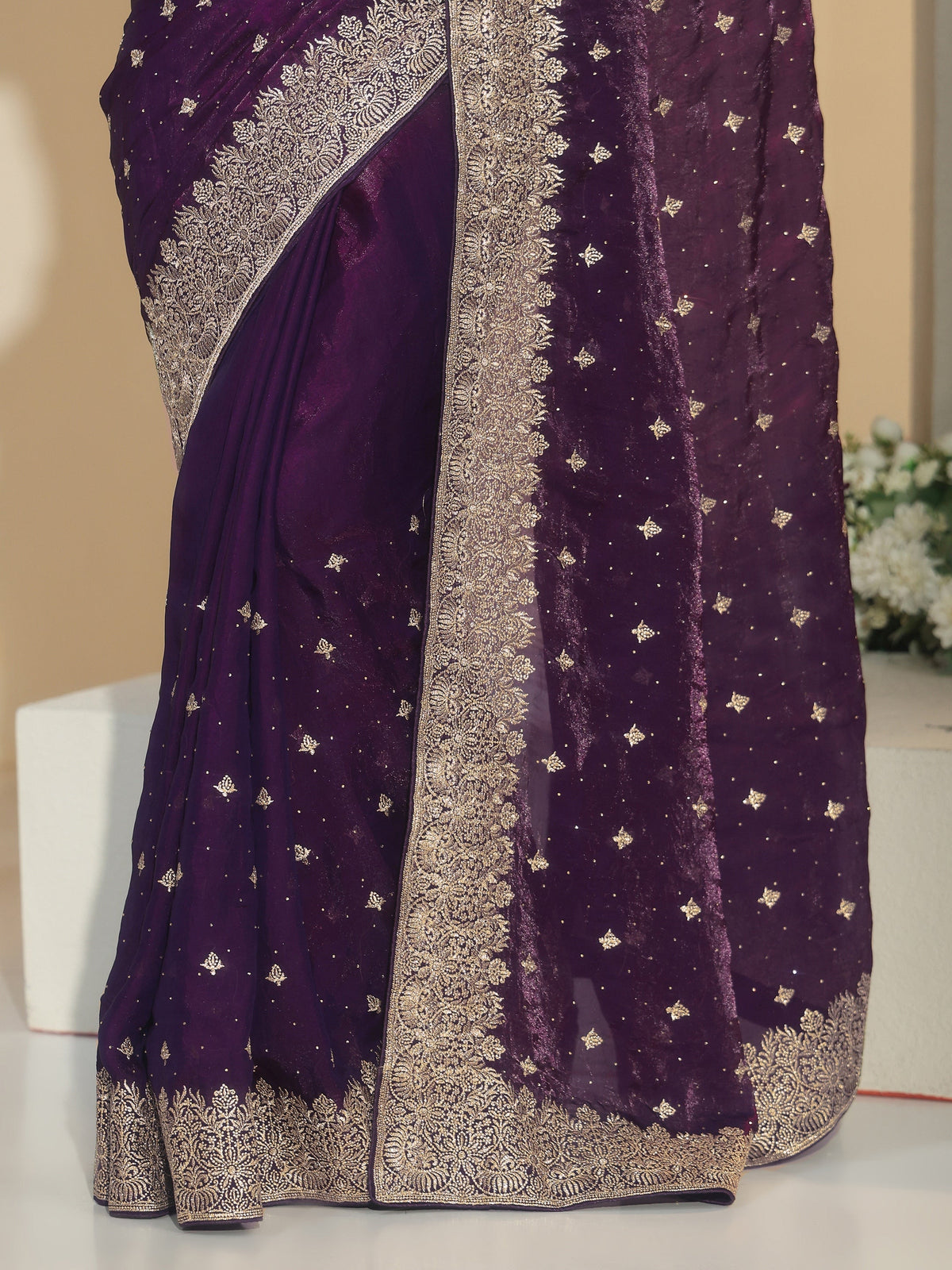 Libas Aubergine Purple Embroidered Tissue Saree