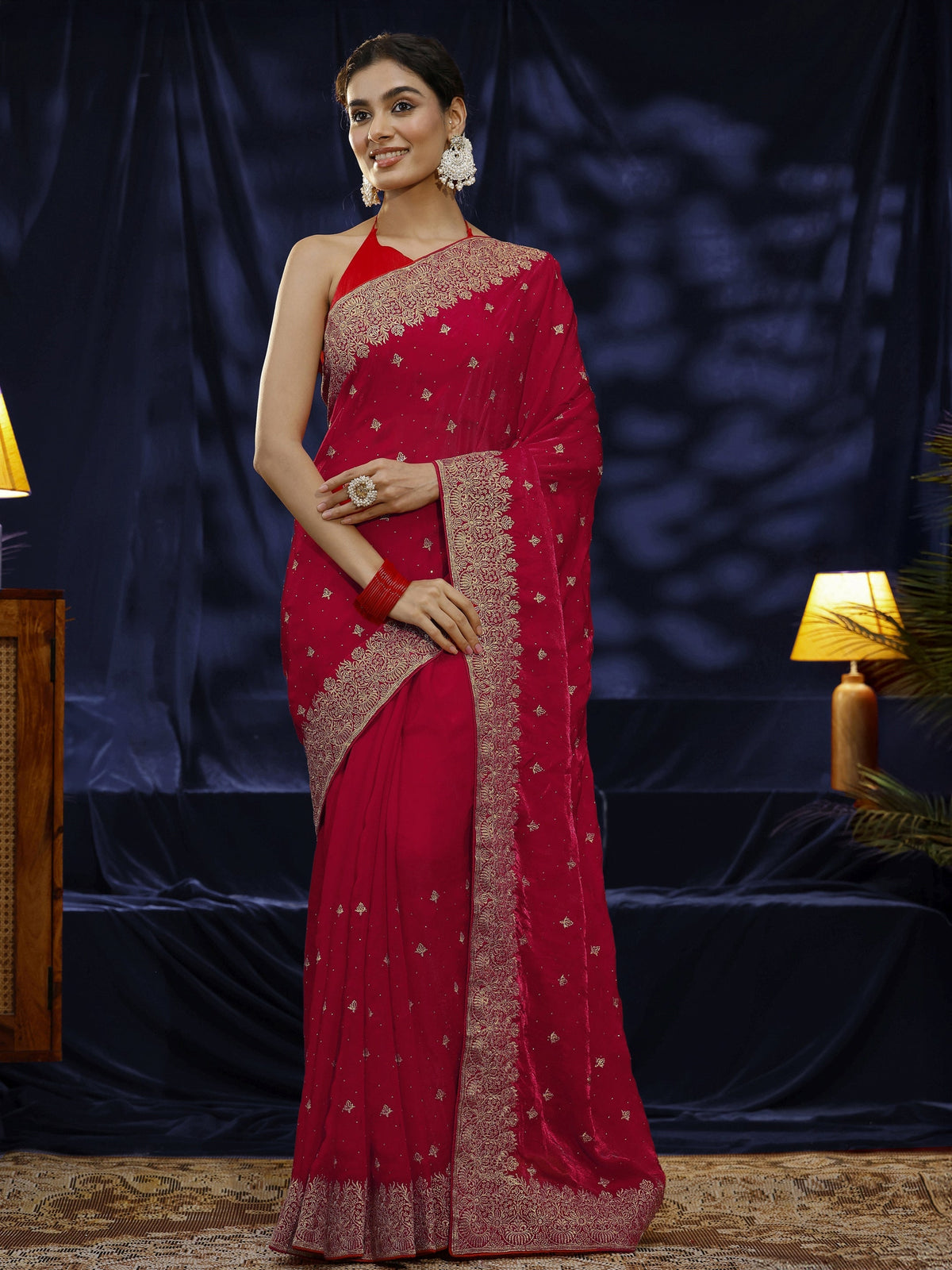Libas Red Embroidered Tissue Saree
