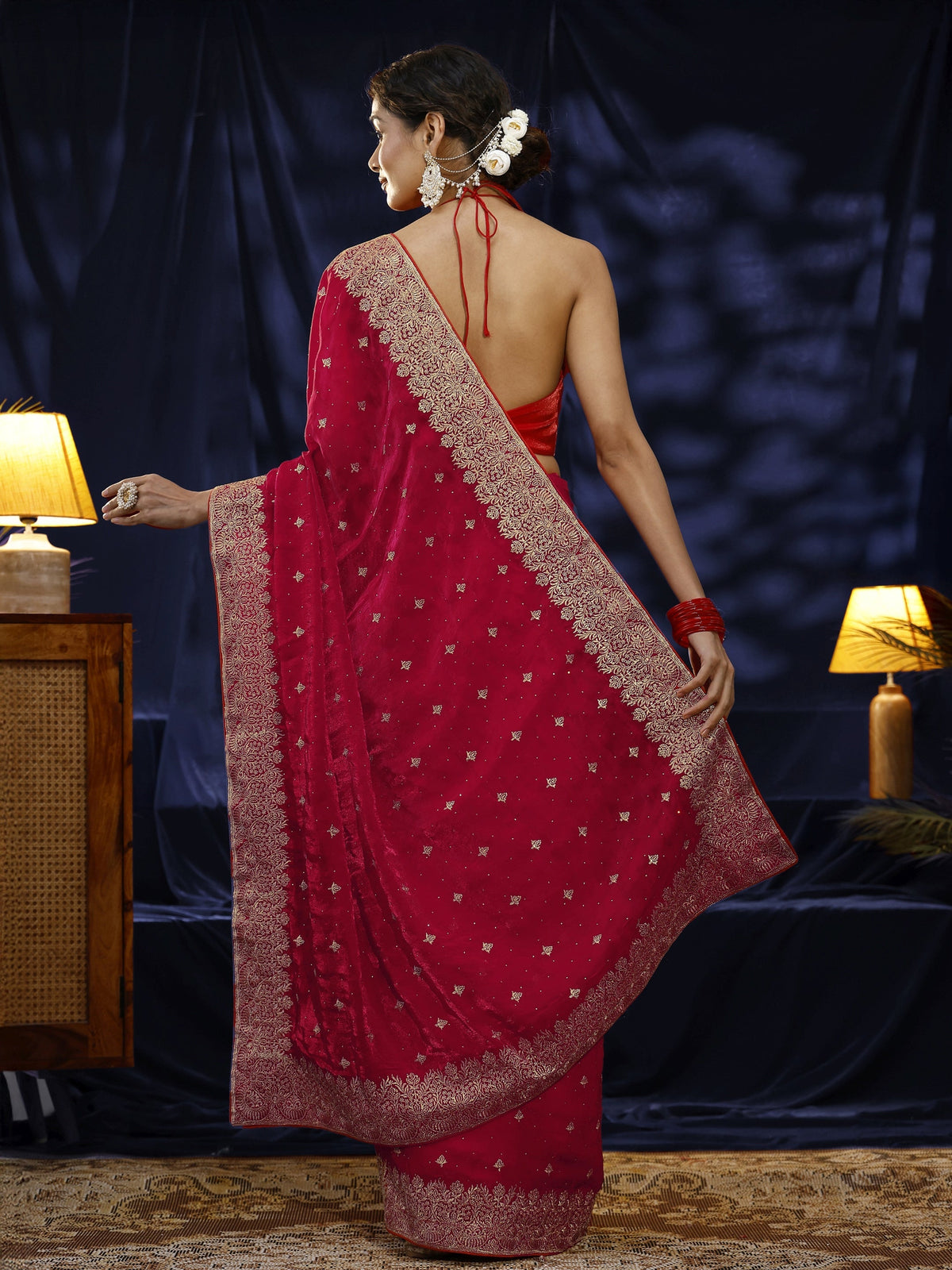 Libas Red Embroidered Tissue Saree