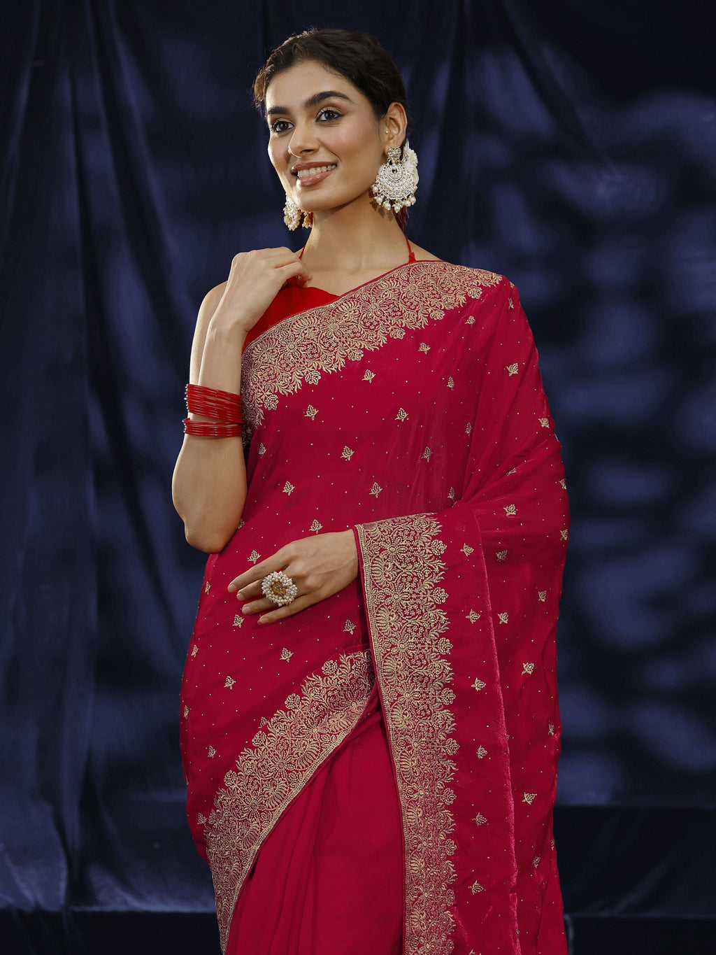 Libas Red Embroidered Tissue Saree