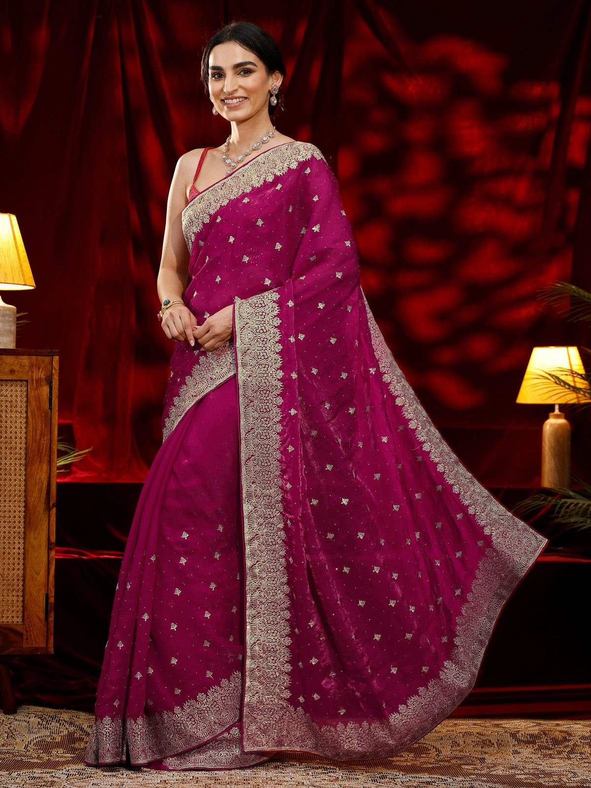 Libas Pink Embroidered Tissue Saree