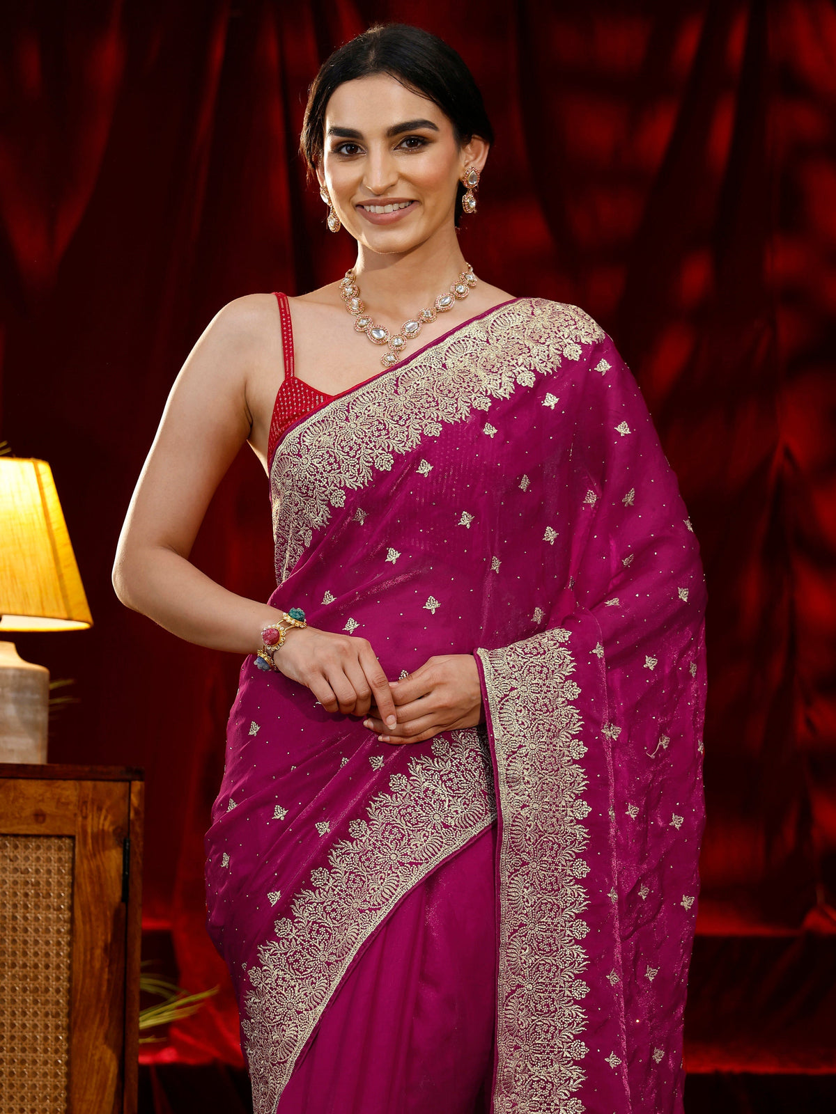 Libas Pink Embroidered Tissue Saree