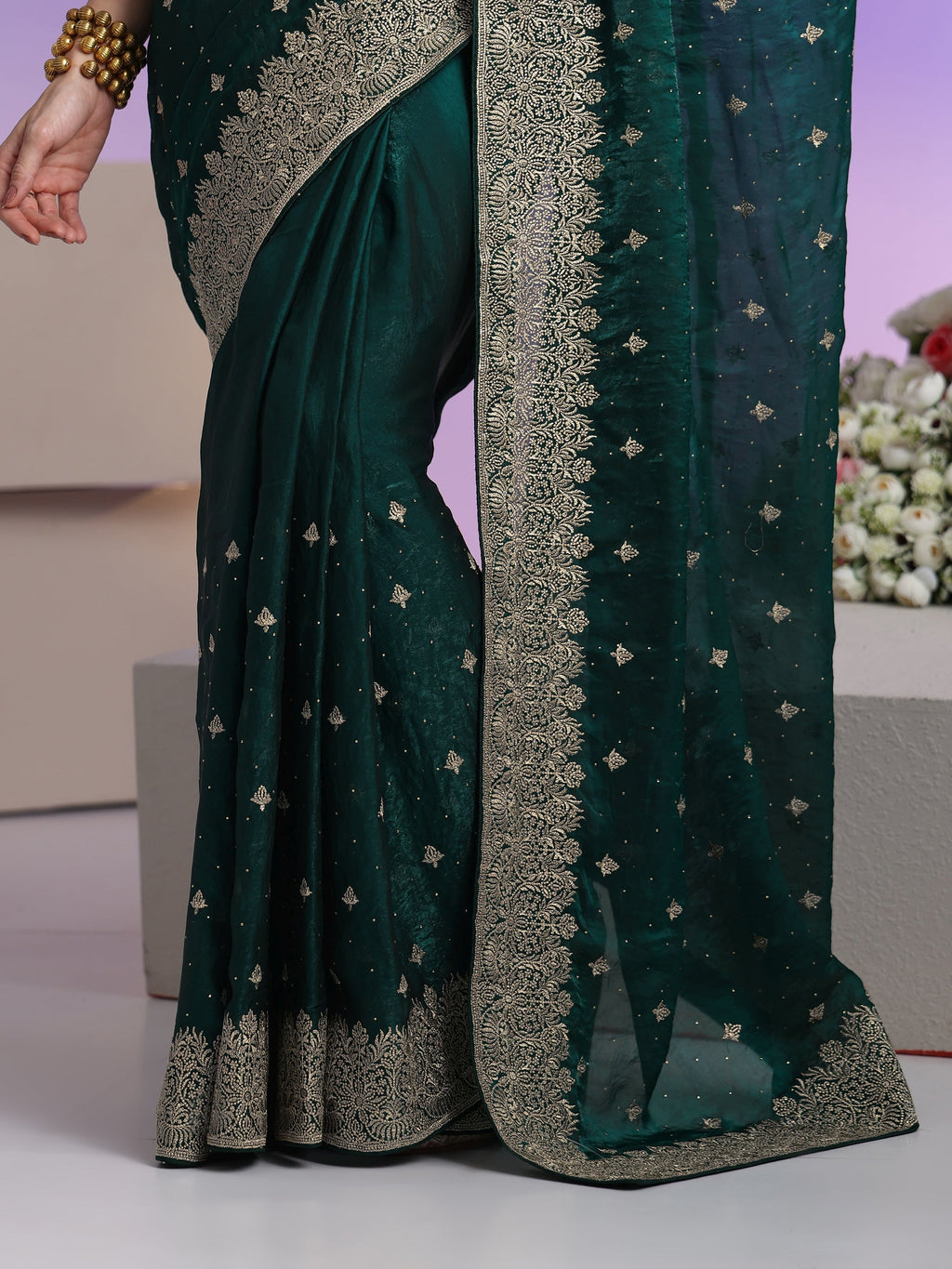 Libas Dark Teal Green Embroidered Tissue Saree
