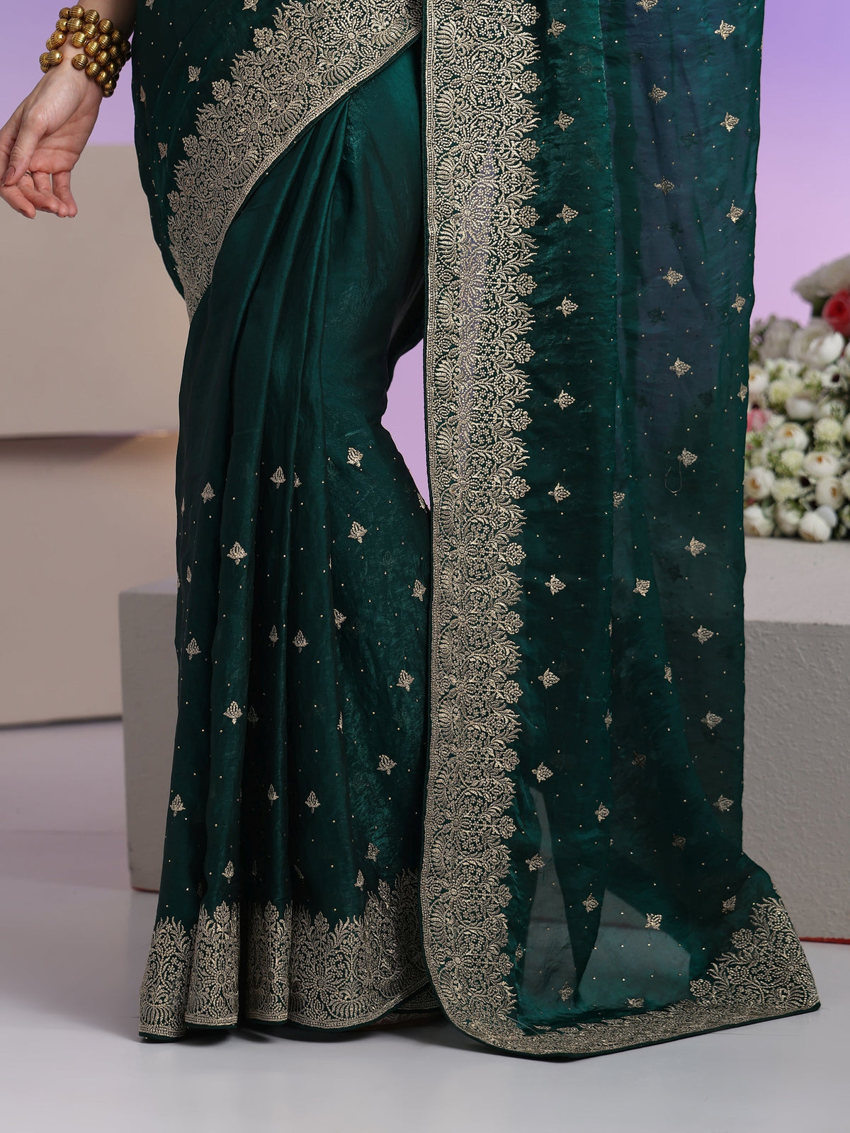 Libas Dark Teal Green Embroidered Tissue Saree
