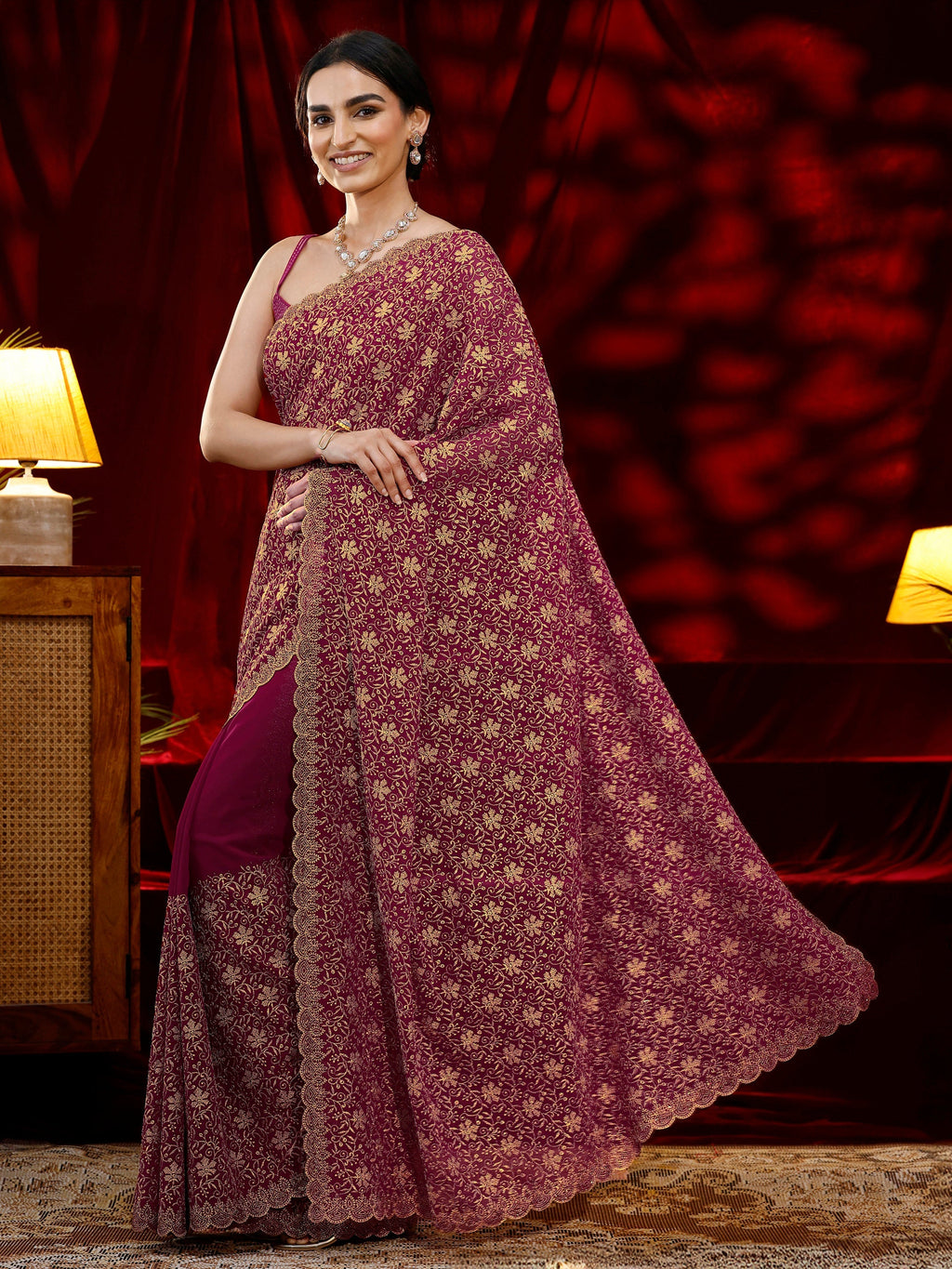 Libas Pink Floral Embroidered Georgette Saree